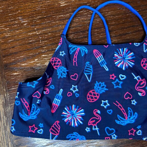 Wonder Nation Girls Swim Top XXL/18 Navy Blue Neon Fireworks Flamingo Print High - Picture 2 of 7